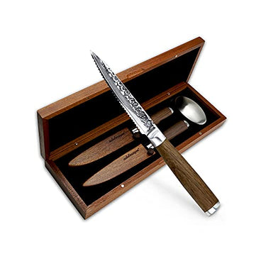 adelmayer Damastmesser - Grobes Steakmesser Set (2er Messerset) - 2 Steak-Messer (Klinge: 12 cm) aus japanischem Damaststahl feuerverschweißt mit Wellenschliff, Holzgriff (für 2 Personen) im Sale